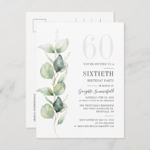 Moderne Eucalyptus Waterverf verlaat 60e verjaarda Uitnodiging Briefkaart