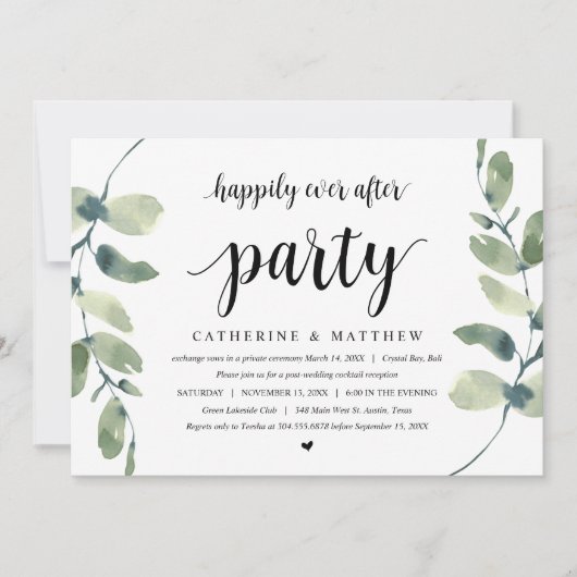 Moderne Eucalyptus, Zwart, Trouw Elopement Feest Kaart (Voorkant)