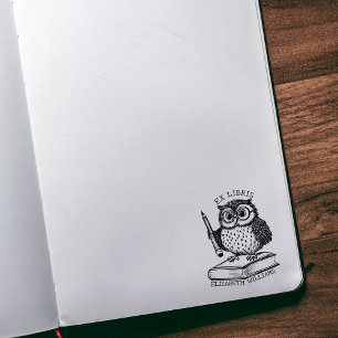 Moderne Ex Libris Uil met Boek, Custom Library Rubberstempel