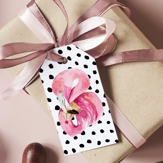 Moderne exotische roze Waterverf Flamingo & Stippe Cadeaulabel
