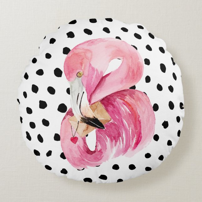 Moderne exotische roze Waterverf Flamingo & Stippe Rond Kussen (Voorkant)