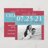 Moderne faire-part de mariage bleu aqua rouge avec (Devant / Derrière)