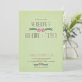 Moderne faire-part de mariage floral vert et rose (Debout devant)