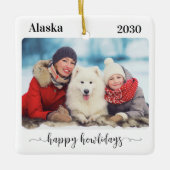 Moderne Familie Custom Hond Foto Happy Howholidays Keramisch Ornament (Voorkant)