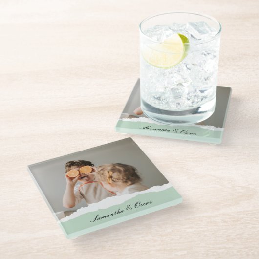 Moderne familie foto & persoonlijke naam Mint Gift Glazen Onderzetter (Schuin)