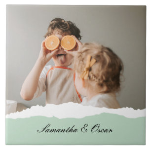 Moderne familie foto & persoonlijke naam Mint Gift Tegeltje