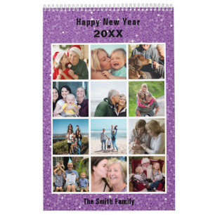 Moderne Familie Fotocollage Paarse Glitter Custom Kalender