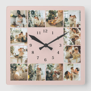Moderne Familiefoto Collage Blush Pink Keepsake Vierkante Klok