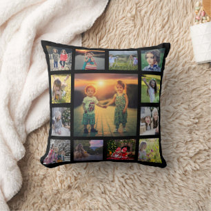 Moderne familiefoto collage monogram naam zwart th kussen