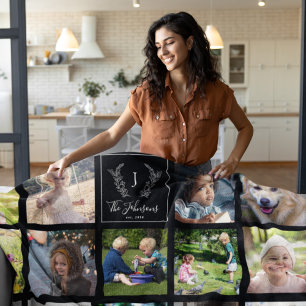 Moderne familiefoto's zwart-wit met monogram fleece deken