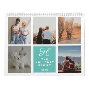 Moderne familienaam blauwgroen 17 foto's collage kalender