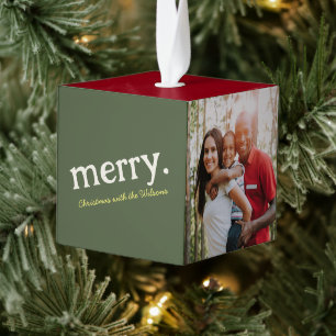 Moderne familienaam Minimal Merry Christmas Foto Kubus Ornament
