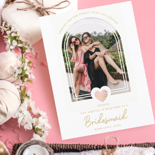 Moderne Fancy Bridesmaid Pink Heart Foto Voorstel Briefkaart