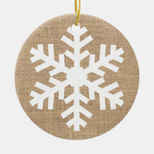 Moderne Farmhouse Kerst Sneeuwvlok Rustieke Jute Keramisch Ornament