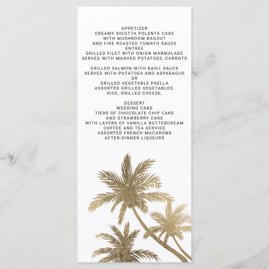 Moderne faux gouden palmbomen elegante bruiloft me menu (Achterkant)
