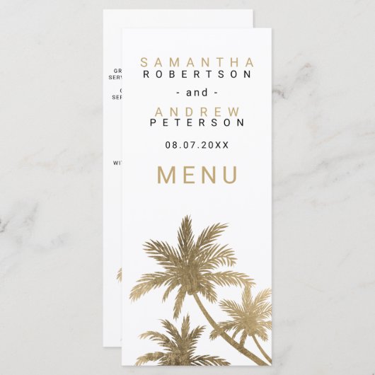 Moderne faux gouden palmbomen elegante bruiloft me menu (Voorkant / Achterkant)