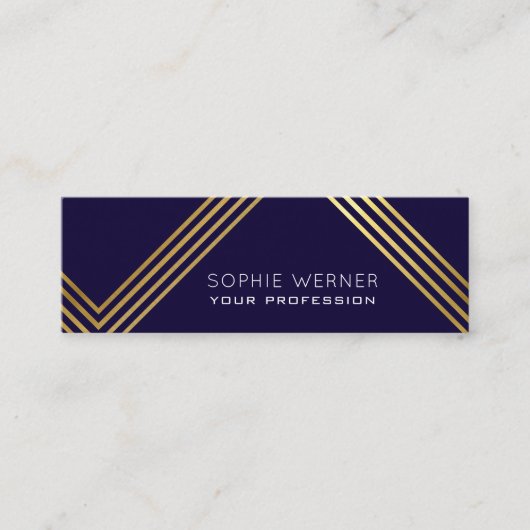 Moderne faux gouden strepen elegant donkerblauw mini visitekaartje (Voorkant)