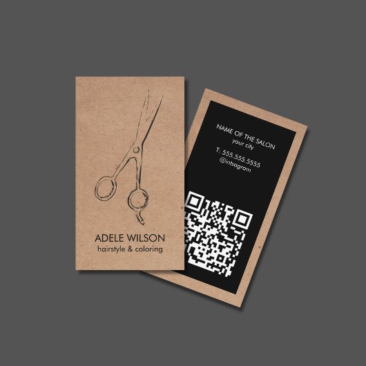 Moderne Faux Kraft Zwart QR Code Schaar Salon Visitekaartje