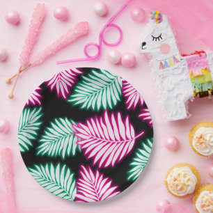 Moderne Faux Neon Roze Groene Tropische Bladeren Papieren Bordje