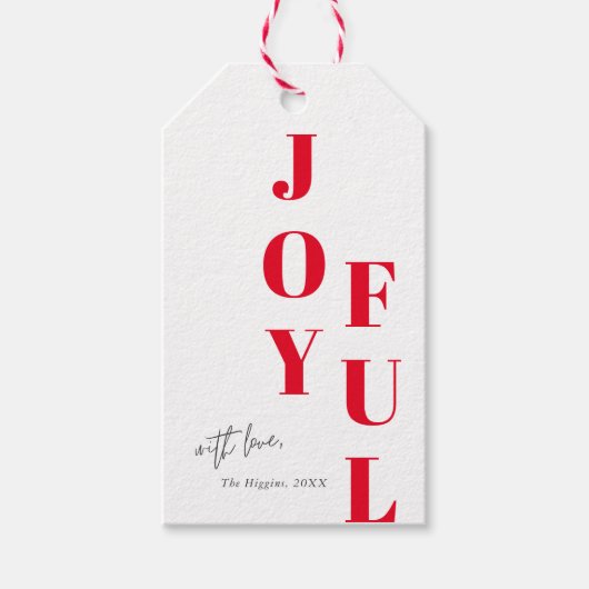 Moderne feestdag met vreugdevolle tekst, rood en w cadeaulabel (Voorkant)