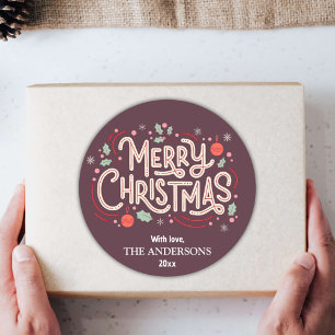 Moderne feestelijke bordeaux & wit Vrolijk Kerstfe Ronde Sticker