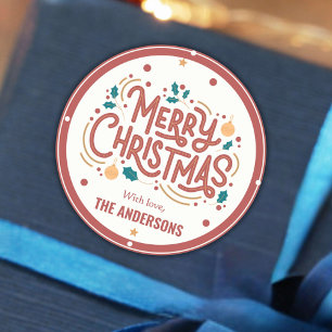 Moderne feestelijke schattige rode & witte vrolijk ronde sticker