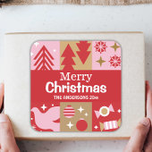 Moderne feestelijke schattige rode & witte vrolijk vierkante sticker