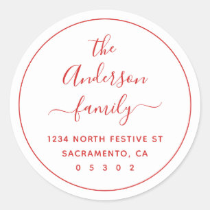 Moderne feestelijke witte familienaam retouradres ronde sticker