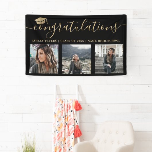 Moderne felicitaties script 3 foto's goud zwart spandoek (Insitu)