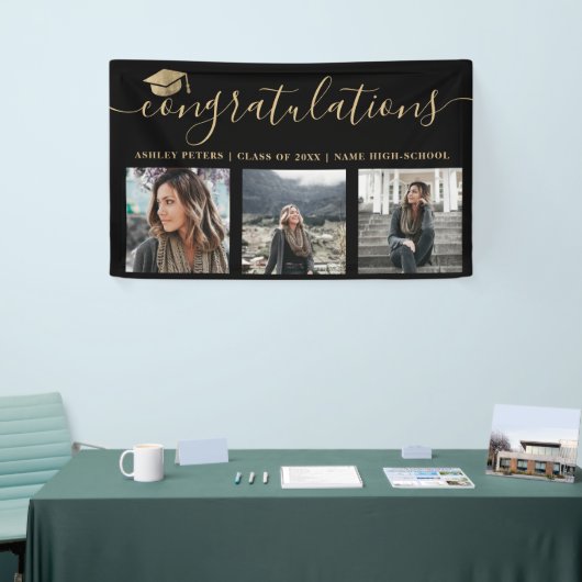 Moderne felicitaties script 3 foto's goud zwart spandoek (Beurs)