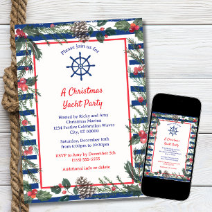 Moderne Festieve Blauwe Gestreepte Kerstboot Feest Kaart