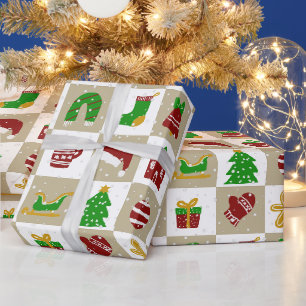 Moderne Festive Kerst Grid Patroon Cadeaupapier