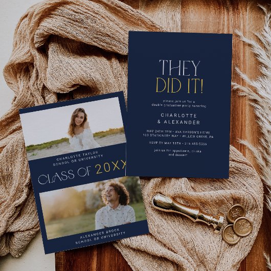Moderne Fete Navy Foto Dubbele Afstudeerfeest Kaart