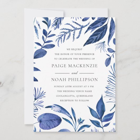 Moderne Feuille Bleue Élégante Invitation Mariage (Devant)