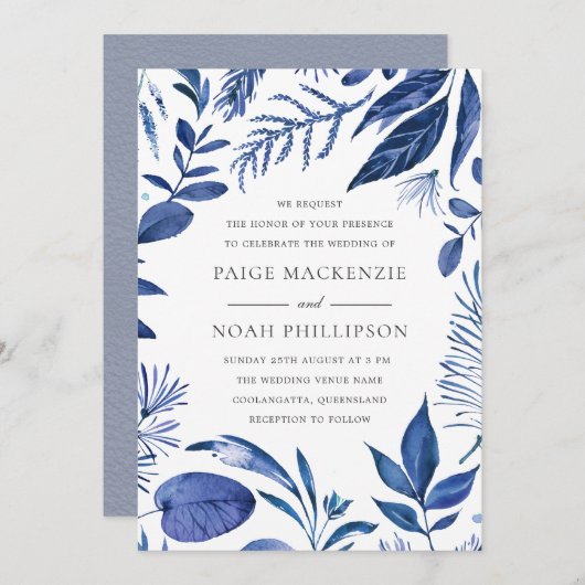Moderne Feuille Bleue Élégante Invitation Mariage (Devant / Derrière)