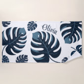 Moderne Feuille de Monstera Bleu & Blanc Serviette (Devant)