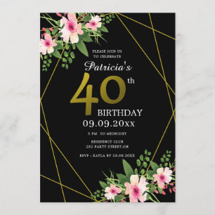 Moderne Floral Black en Gold 40e verjaardag Kaart