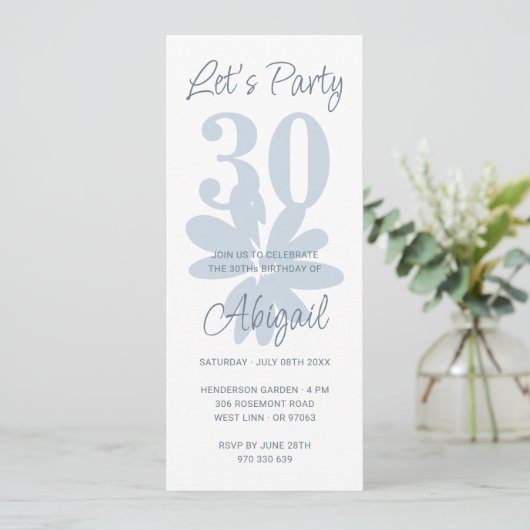 Moderne Floral Blue 30e anniversaire Invitation (Debout devant)