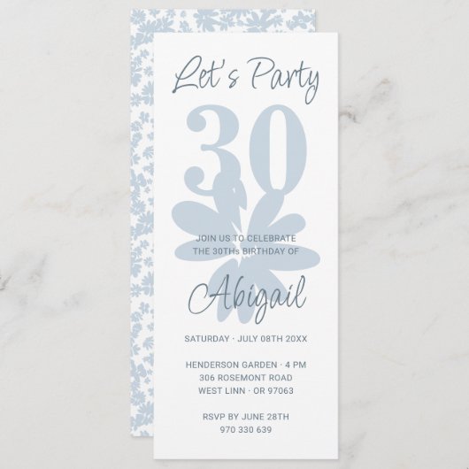 Moderne Floral Blue 30e anniversaire Invitation (Devant / Derrière)
