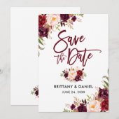 Moderne Floral Burgundy in Brush Save The Date (Voorkant / Achterkant)