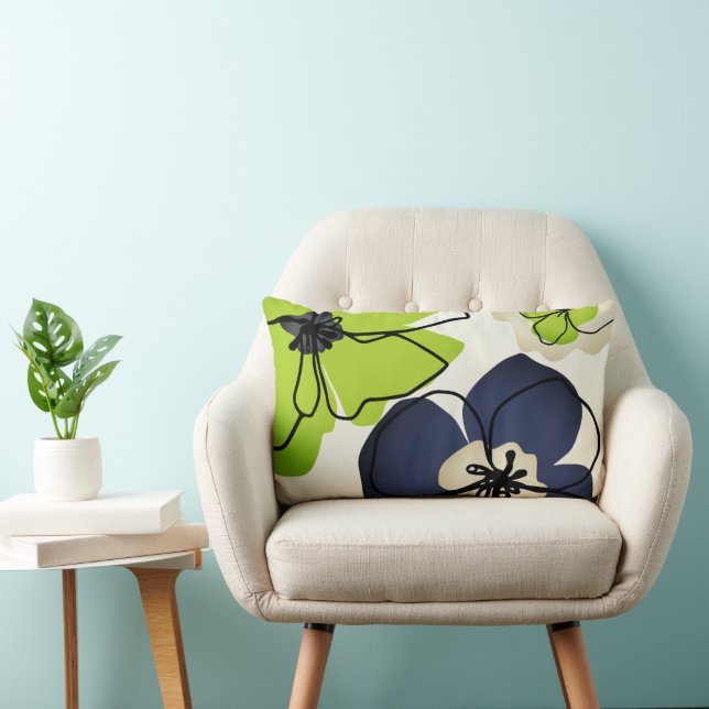 Moderne Floral Chartreuse Navy Cream Kussen (Stoel)
