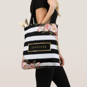 Moderne  Floral Classic Black White Stripes Draagtas (Dichtbij)