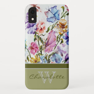 Moderne Floral en Butterfly met groene monogram na iPhone XR Hoesje