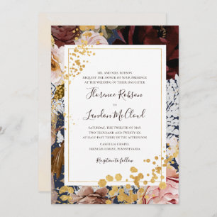 Moderne Floral Navy Traditional Lijst Wedding Kaart