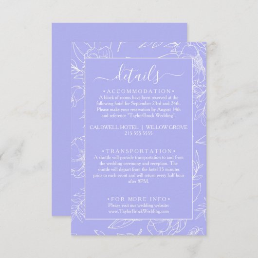 Moderne Floral Periwinkle bruiloft details Informatiekaartje (Voorkant / Achterkant)