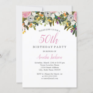 Moderne Floral Pink 50th Birthday Invitation Kaart