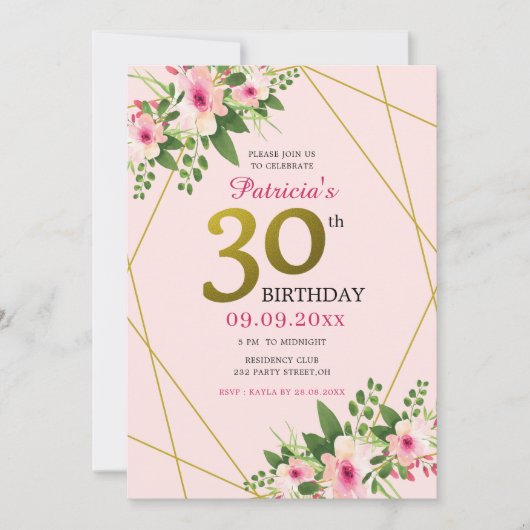 Moderne Floral Pink en Gold 30th Birthday Kaart (Voorkant)