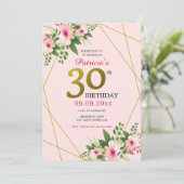 Moderne Floral Pink en Gold 30th Birthday Kaart (Staand voorkant)