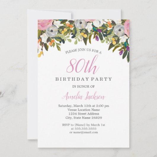 Moderne Floral rose 80e anniversaire Invitation (Devant)