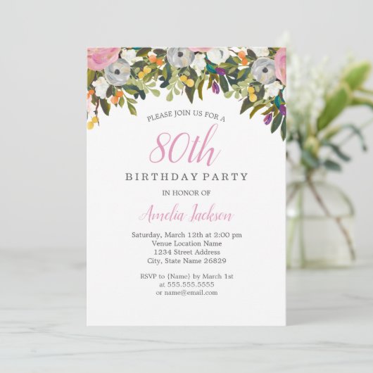 Moderne Floral rose 80e anniversaire Invitation (Debout devant)